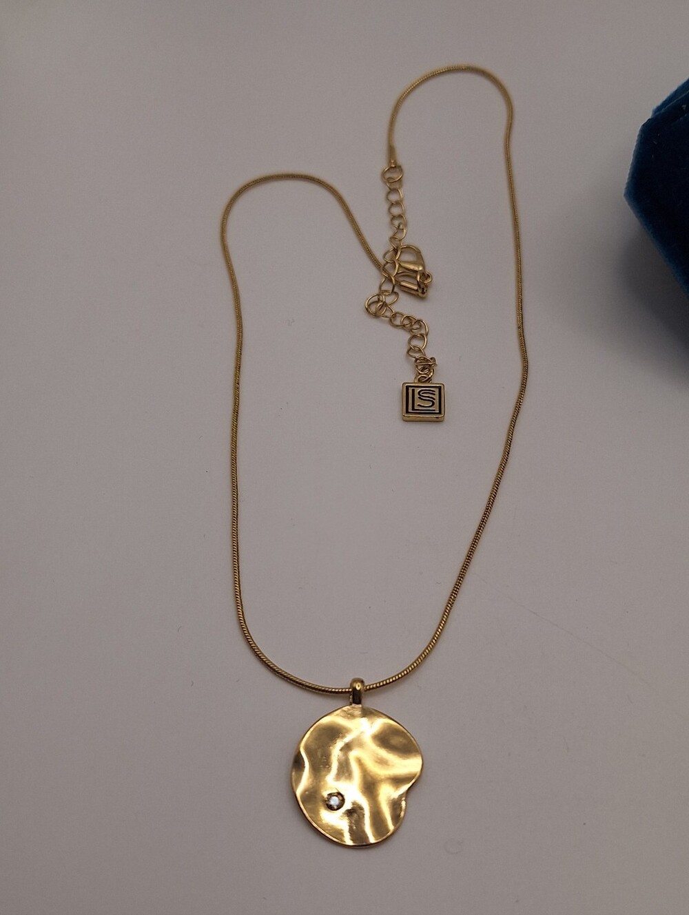 Gold Tone Hammered Disc Pendant Necklace Crystal Accent Snake Chain